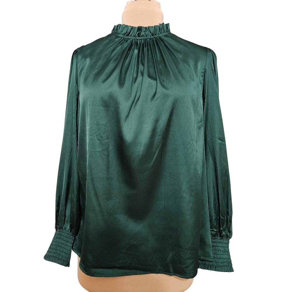 JODIFL Kelly Green Blouse‎ Pintuck Pleat Mock Neck Romantic Forest Fairy Luxe
